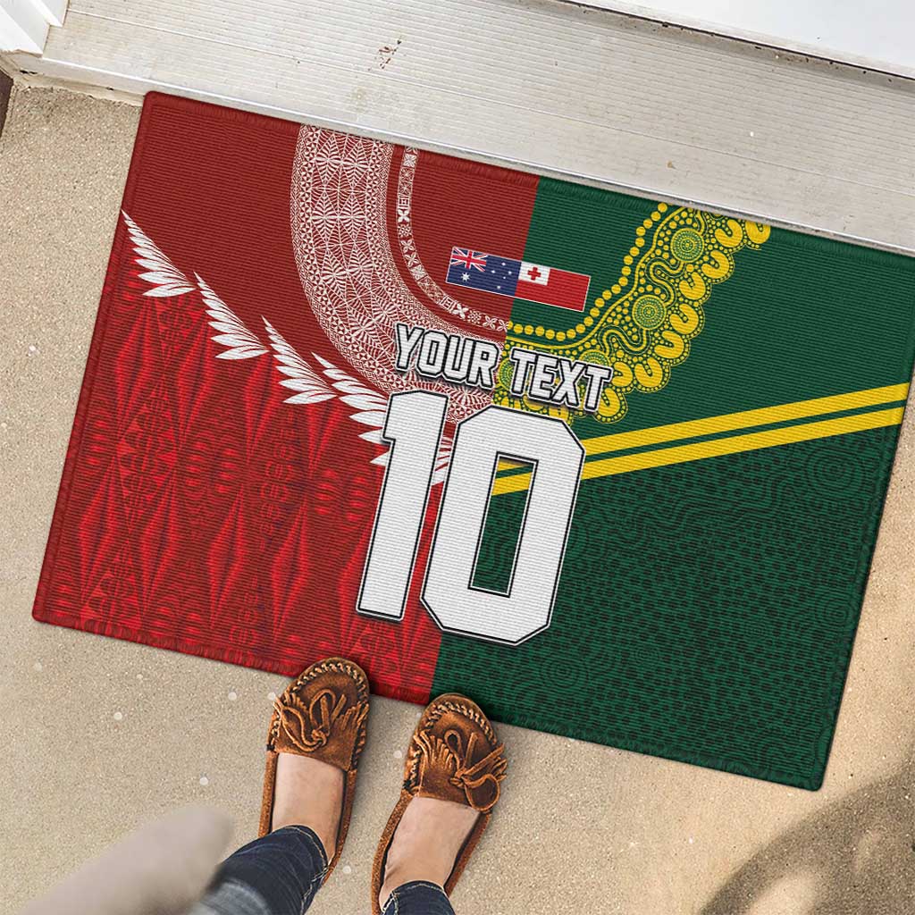 Custom Mate Ma'a Tonga and Australia Kangaroo Rubber Doormat Nation Seal with Mascot Aboriginal and Tongan Kupesi Ngatu Art