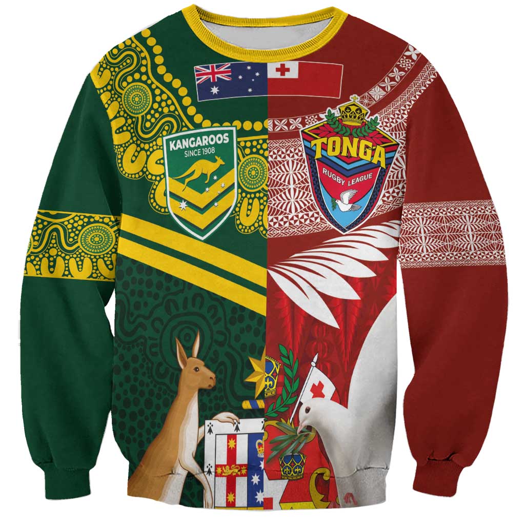 Custom Mate Ma'a Tonga and Australia Kangaroo Sweatshirt Nation Seal with Mascot Aboriginal and Tongan Kupesi Ngatu Art