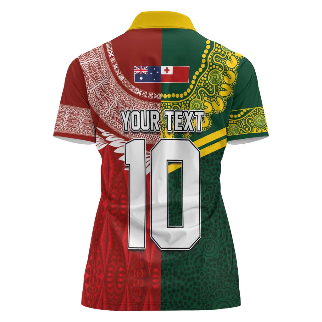 Custom Mate Ma'a Tonga and Australia Kangaroo Women Polo Shirt Nation Seal with Mascot Aboriginal and Tongan Kupesi Ngatu Art