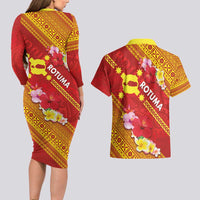 Rotuma Island Couples Matching Long Sleeve Bodycon Dress and Hawaiian Shirt Fijian Tapa with Polynesian Art and Hibiscus