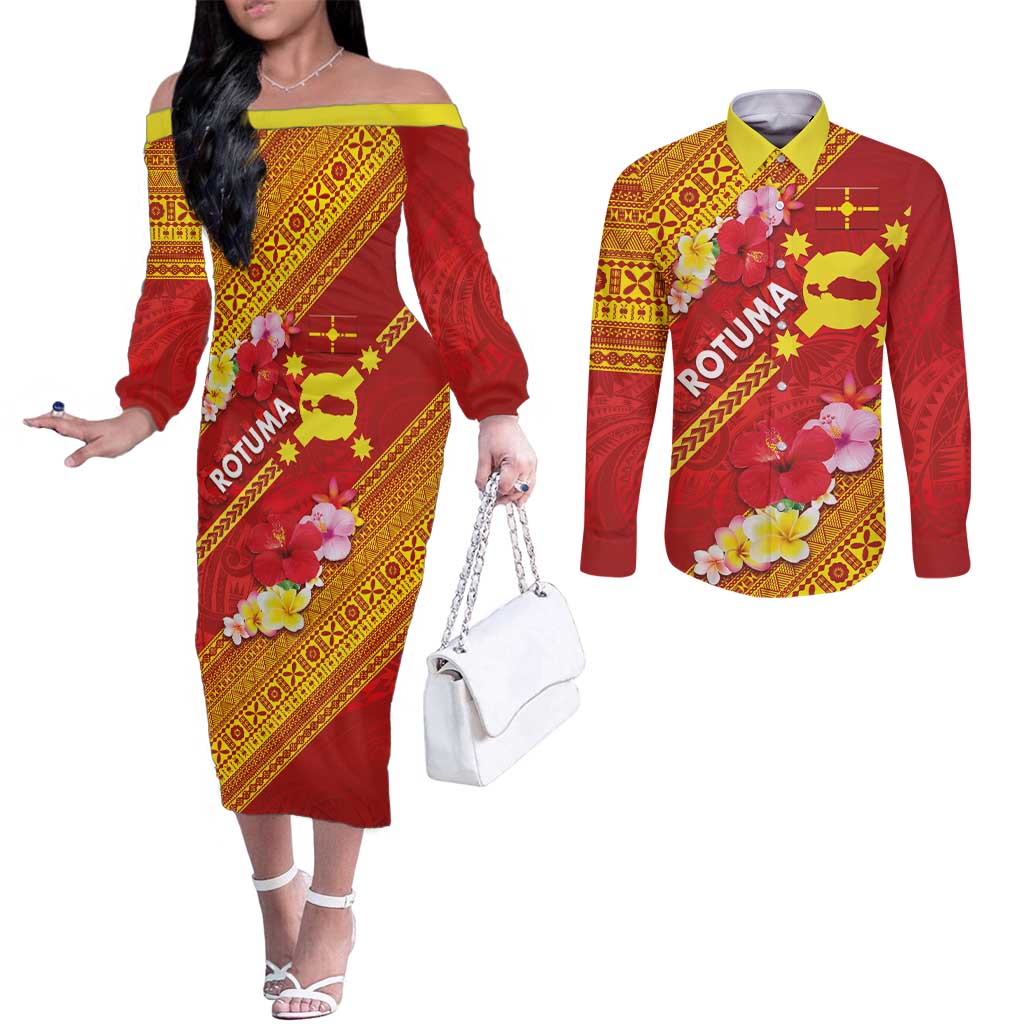Rotuma Island Couples Matching Off The Shoulder Long Sleeve Dress and Long Sleeve Button Shirt Fijian Tapa with Polynesian Art and Hibiscus