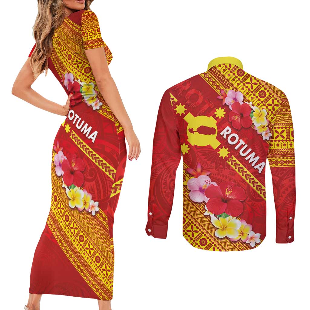 Rotuma Island Couples Matching Short Sleeve Bodycon Dress and Long Sleeve Button Shirt Fijian Tapa with Polynesian Art and Hibiscus