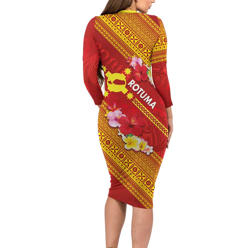 Rotuma Island Family Matching Long Sleeve Bodycon Dress and Hawaiian Shirt Fijian Tapa with Polynesian Art and Hibiscus