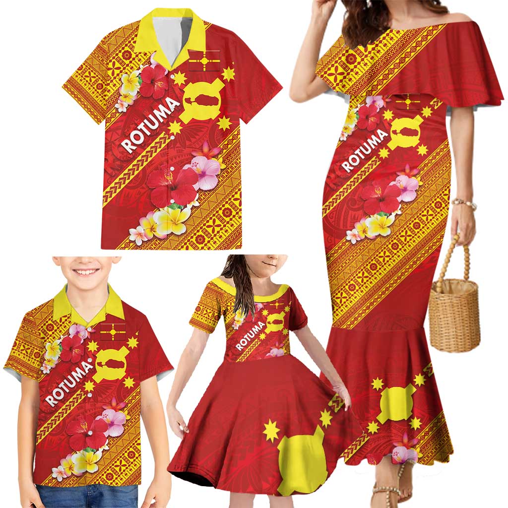 Rotuma Island Family Matching Mermaid Dress and Hawaiian Shirt Fijian Tapa with Polynesian Art and Hibiscus