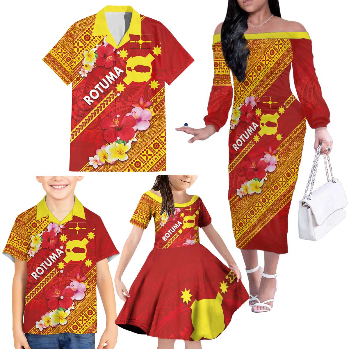 Rotuma Island Family Matching Off The Shoulder Long Sleeve Dress and Hawaiian Shirt Fijian Tapa with Polynesian Art and Hibiscus