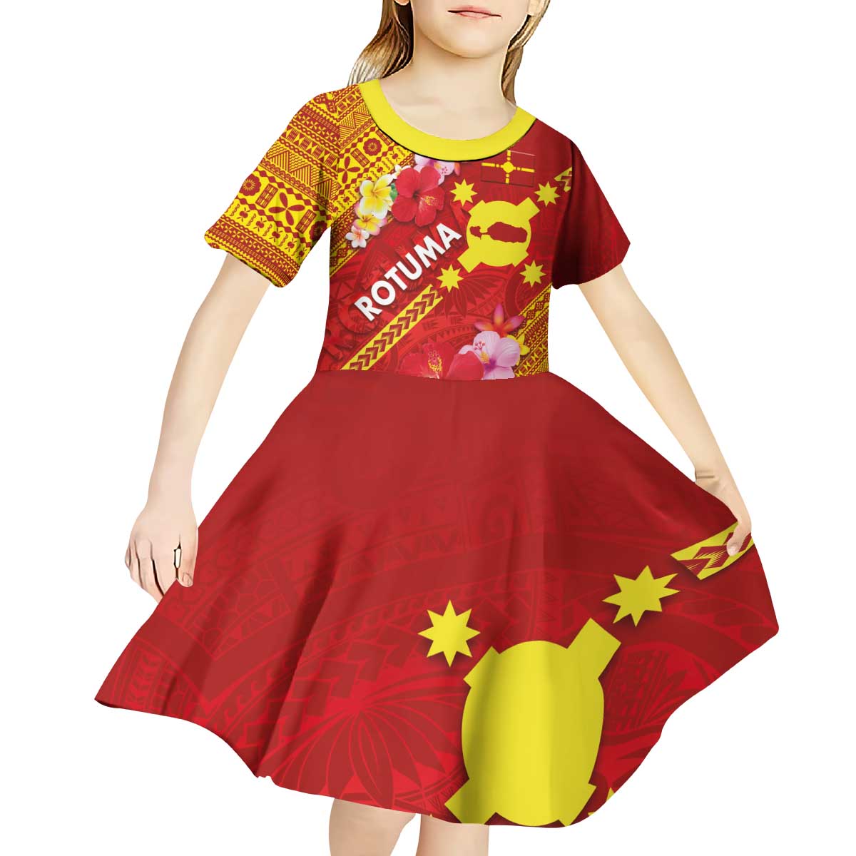 Rotuma Island Kid Short Sleeve Dress Fijian Tapa with Polynesian Art and Hibiscus