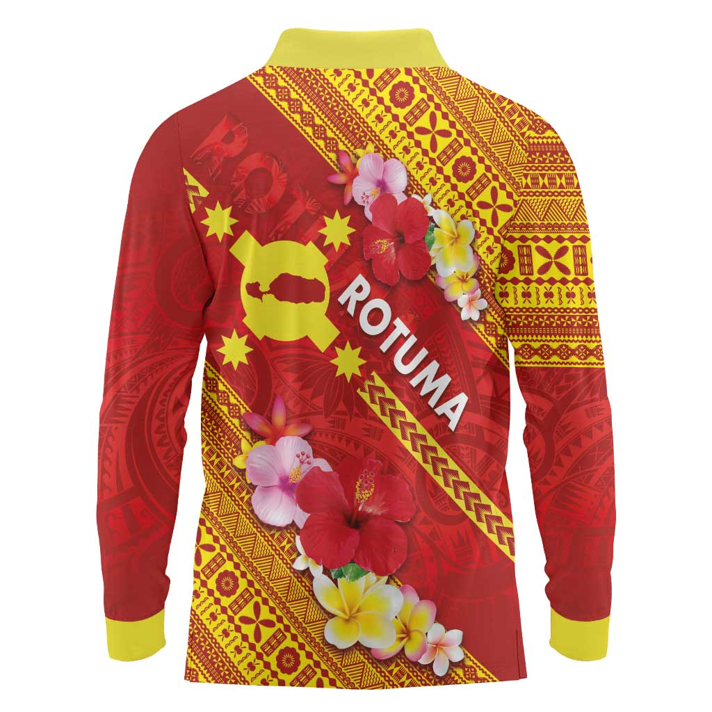 Rotuma Island Long Sleeve Polo Shirt Fijian Tapa with Polynesian Art and Hibiscus
