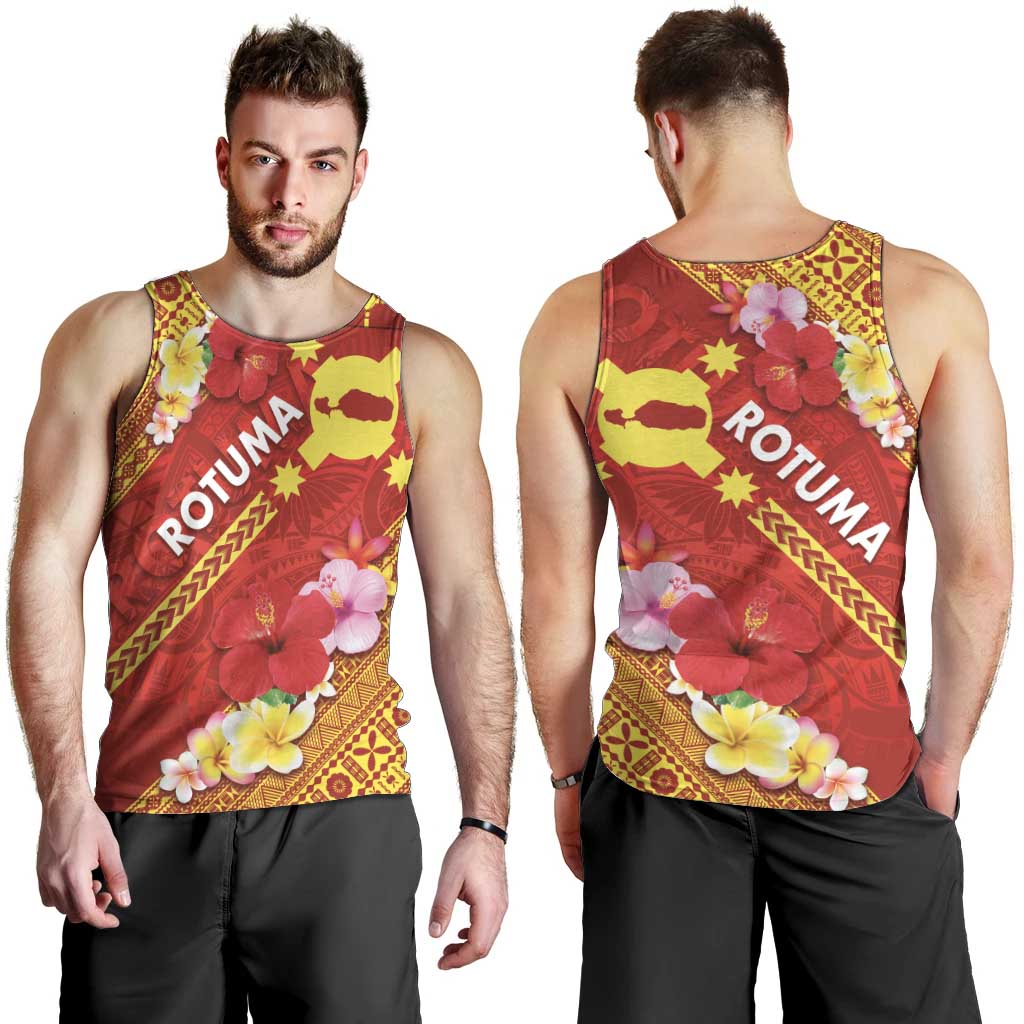Rotuma Island Men Tank Top Fijian Tapa with Polynesian Art and Hibiscus