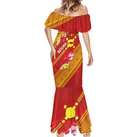 Rotuma Island Mermaid Dress Fijian Tapa with Polynesian Art and Hibiscus