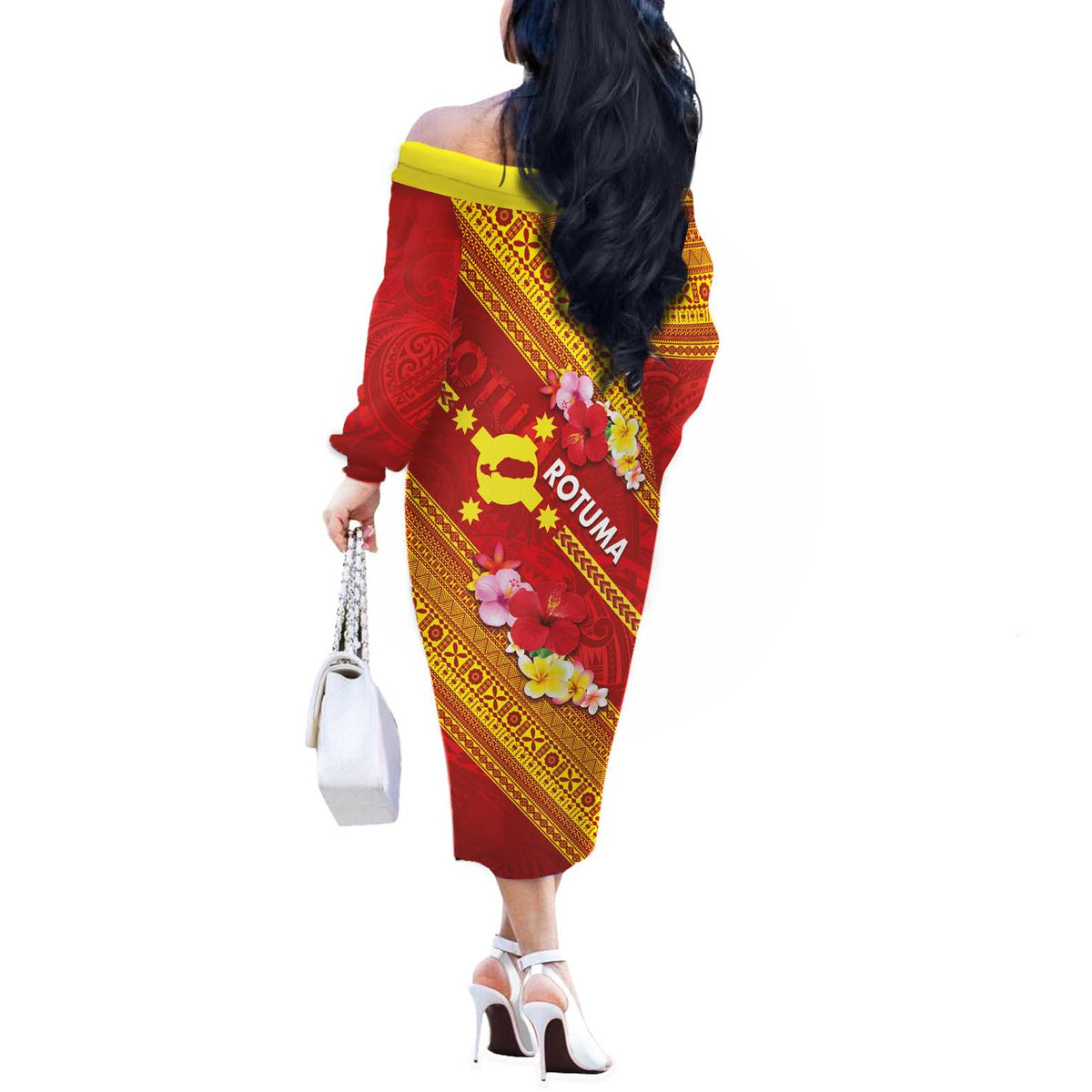 Rotuma Island Off The Shoulder Long Sleeve Dress Fijian Tapa with Polynesian Art and Hibiscus