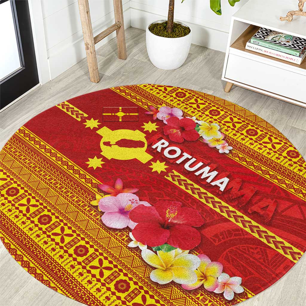 Rotuma Island Round Carpet Fijian Tapa with Polynesian Art and Hibiscus