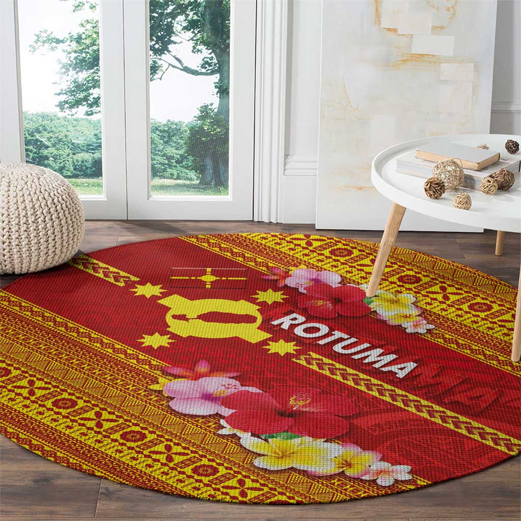 Rotuma Island Round Carpet Fijian Tapa with Polynesian Art and Hibiscus