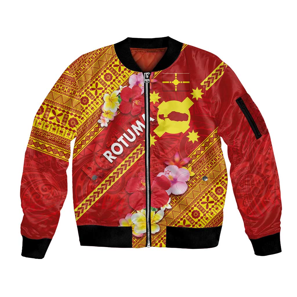 Rotuma Island Sleeve Zip Bomber Jacket Fijian Tapa with Polynesian Art and Hibiscus
