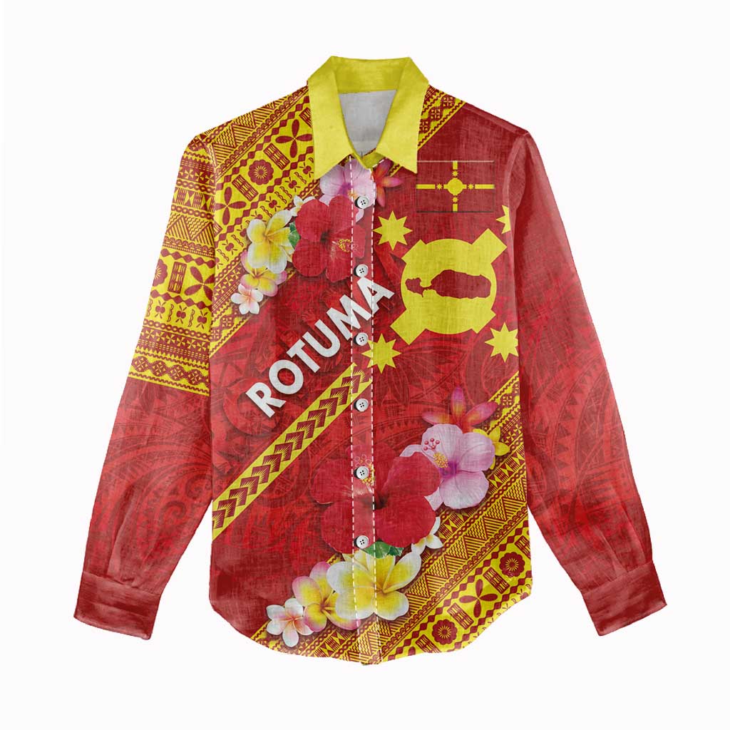 Rotuma Island Women Casual Shirt Fijian Tapa with Polynesian Art and Hibiscus