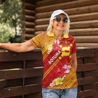 Rotuma Island Women Polo Shirt Fijian Tapa with Polynesian Art and Hibiscus