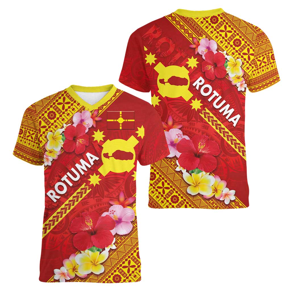 Rotuma Island Women V-Neck T-Shirt Fijian Tapa with Polynesian Art and Hibiscus