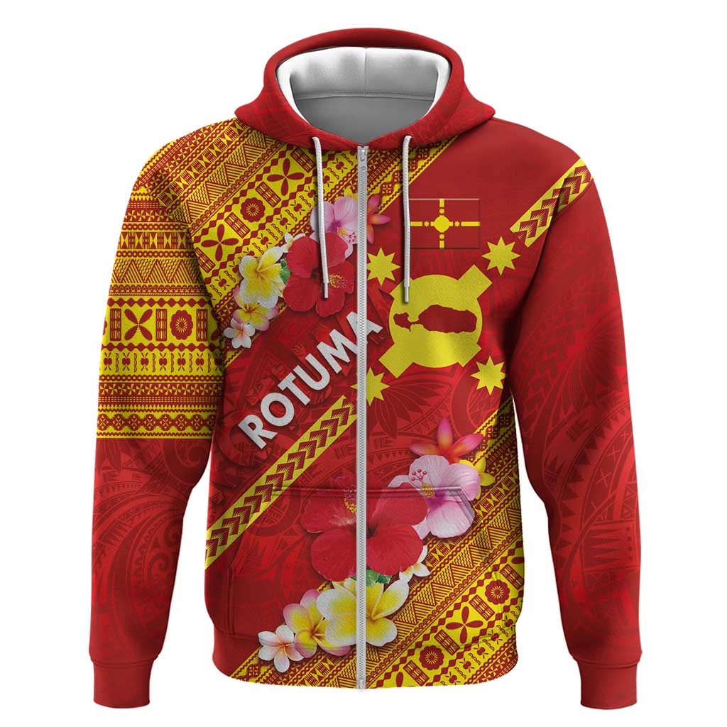 Rotuma Island Zip Hoodie Fijian Tapa with Polynesian Art and Hibiscus