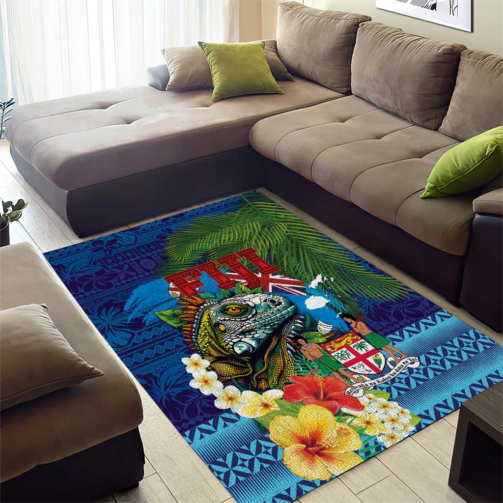 Fiji Iguana-Coat of Arms Area Rug with Hibiscus and Plumeria Palm Tree Tapa Art