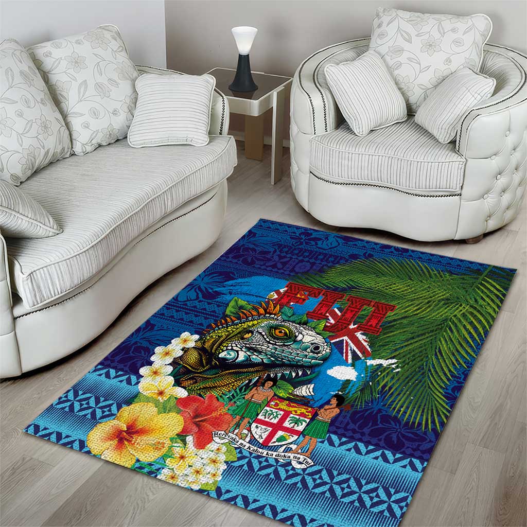 Fiji Iguana-Coat of Arms Area Rug with Hibiscus and Plumeria Palm Tree Tapa Art