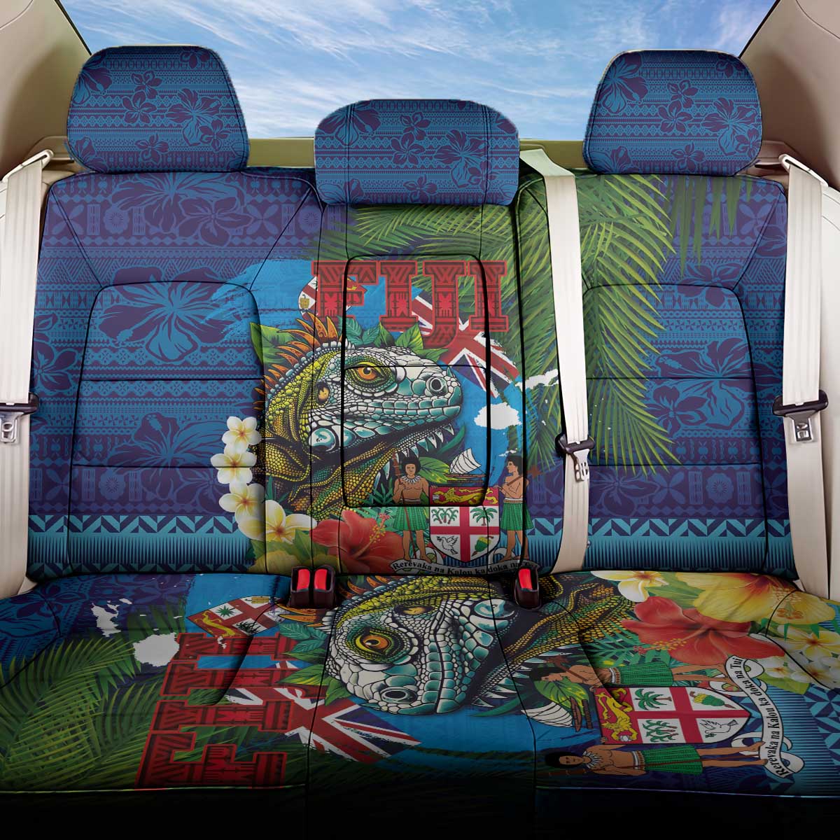 Fiji Iguana-Coat of Arms Back Car Seat Cover with Hibiscus and Plumeria Palm Tree Tapa Art