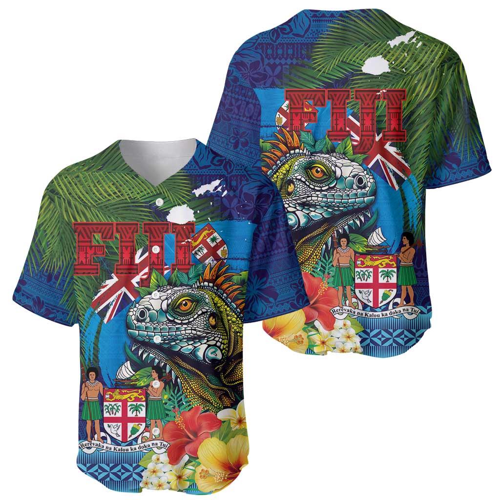 Fiji Iguana-Coat of Arms Baseball Jersey with Hibiscus and Plumeria Palm Tree Tapa Art