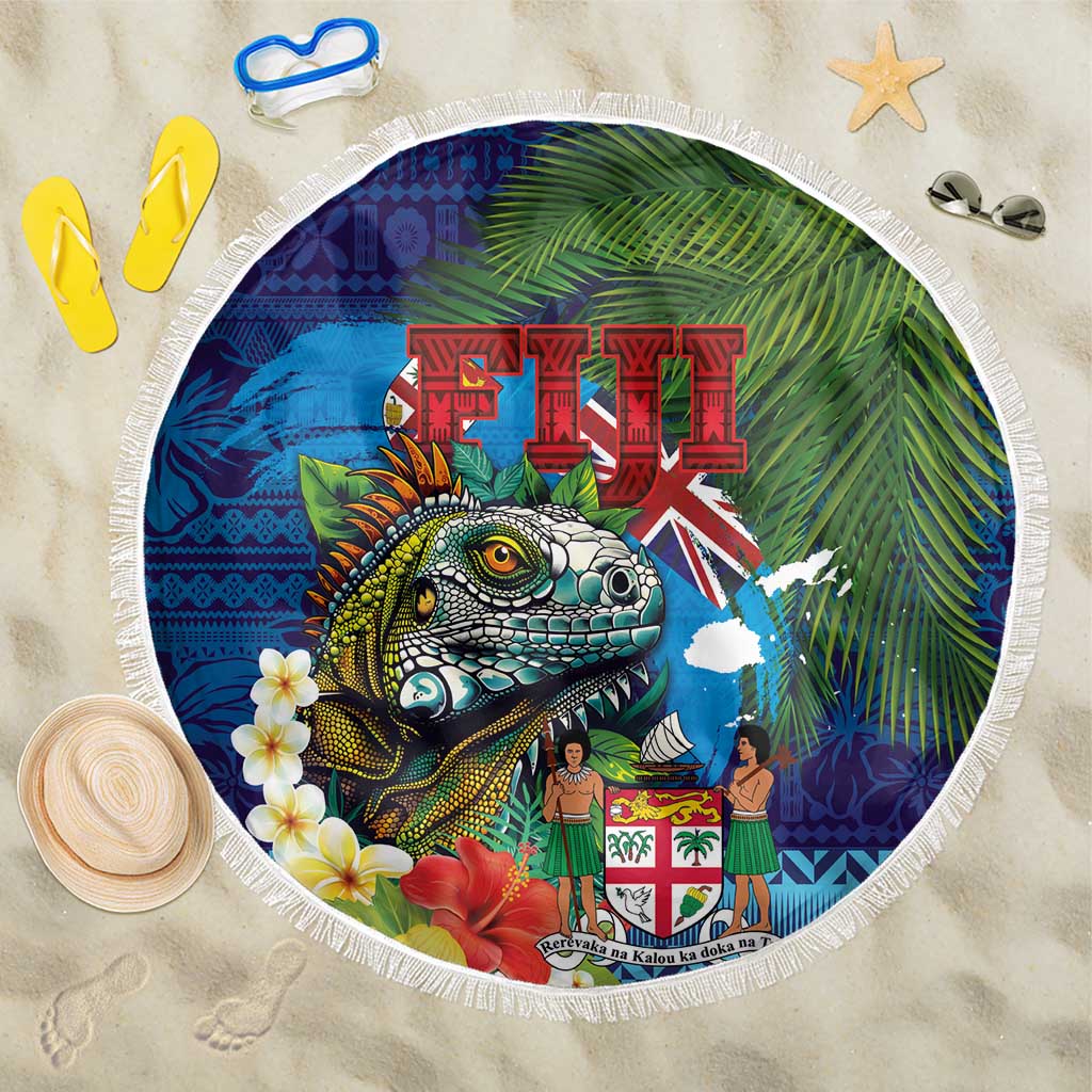 Fiji Iguana-Coat of Arms Beach Blanket with Hibiscus and Plumeria Palm Tree Tapa Art