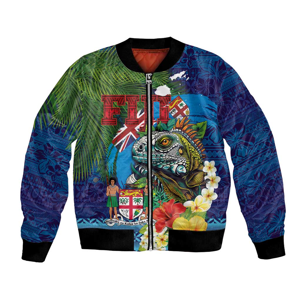 Fiji Iguana-Coat of Arms Bomber Jacket with Hibiscus and Plumeria Palm Tree Tapa Art LT03 Unisex Blue - Polynesian Pride