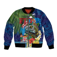 Fiji Iguana-Coat of Arms Bomber Jacket with Hibiscus and Plumeria Palm Tree Tapa Art LT03 Unisex Blue - Polynesian Pride
