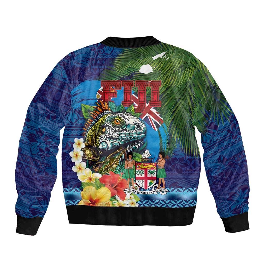 Fiji Iguana-Coat of Arms Bomber Jacket with Hibiscus and Plumeria Palm Tree Tapa Art LT03 - Polynesian Pride