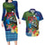 Fiji Iguana-Coat of Arms Couples Matching Long Sleeve Bodycon Dress and Hawaiian Shirt with Hibiscus and Plumeria Palm Tree Tapa Art