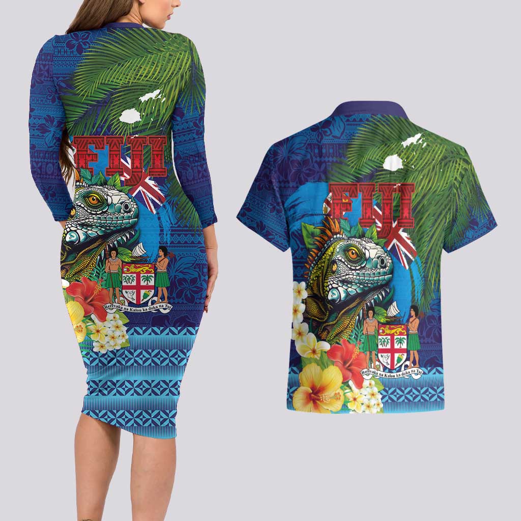 Fiji Iguana-Coat of Arms Couples Matching Long Sleeve Bodycon Dress and Hawaiian Shirt with Hibiscus and Plumeria Palm Tree Tapa Art