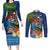 Fiji Iguana-Coat of Arms Couples Matching Long Sleeve Bodycon Dress and Long Sleeve Button Shirt with Hibiscus and Plumeria Palm Tree Tapa Art