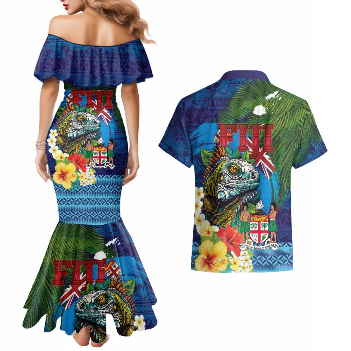 Fiji Iguana-Coat of Arms Couples Matching Mermaid Dress and Hawaiian Shirt with Hibiscus and Plumeria Palm Tree Tapa Art
