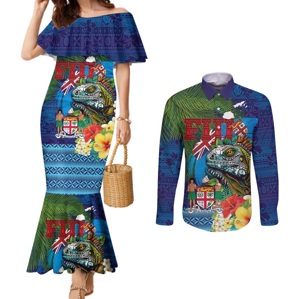 Fiji Iguana-Coat of Arms Couples Matching Mermaid Dress and Long Sleeve Button Shirt with Hibiscus and Plumeria Palm Tree Tapa Art