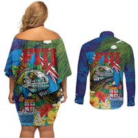 Fiji Iguana-Coat of Arms Couples Matching Off Shoulder Short Dress and Long Sleeve Button Shirt with Hibiscus and Plumeria Palm Tree Tapa Art