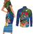 Fiji Iguana-Coat of Arms Couples Matching Short Sleeve Bodycon Dress and Long Sleeve Button Shirt with Hibiscus and Plumeria Palm Tree Tapa Art