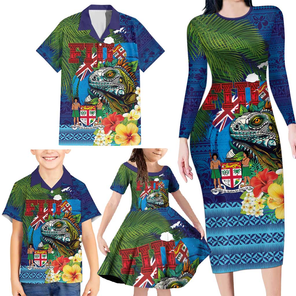 Fiji Iguana-Coat of Arms Family Matching Long Sleeve Bodycon Dress and Hawaiian Shirt with Hibiscus and Plumeria Palm Tree Tapa Art