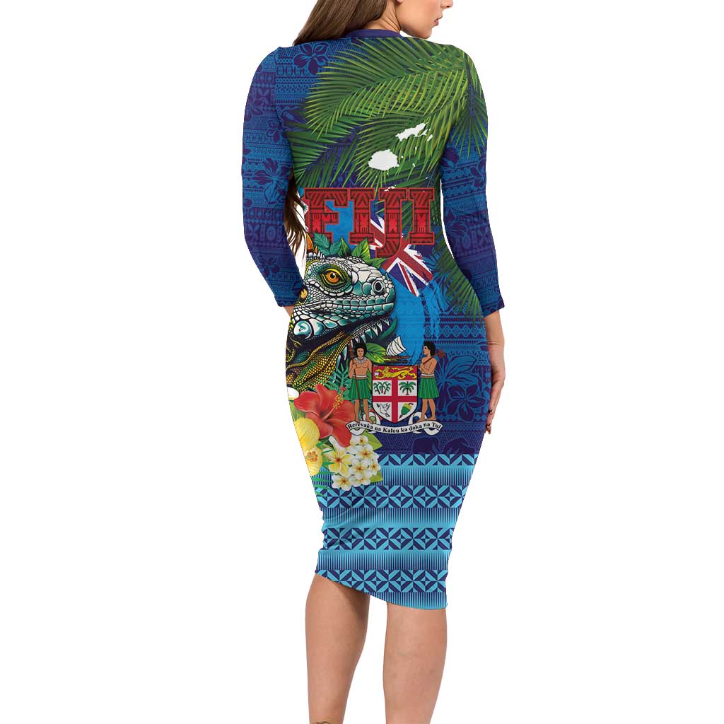 Fiji Iguana-Coat of Arms Family Matching Long Sleeve Bodycon Dress and Hawaiian Shirt with Hibiscus and Plumeria Palm Tree Tapa Art