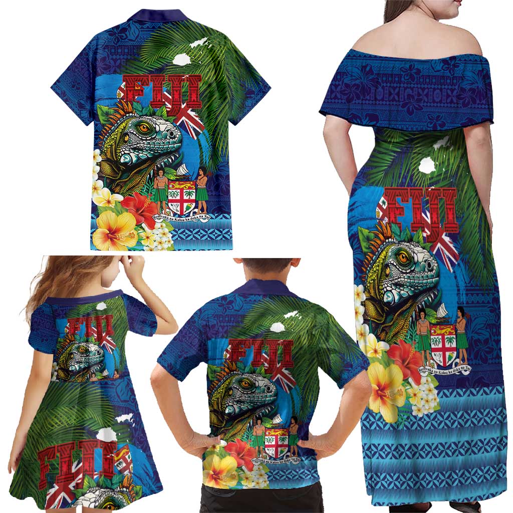 Fiji Iguana-Coat of Arms Family Matching Off Shoulder Maxi Dress and Hawaiian Shirt with Hibiscus and Plumeria Palm Tree Tapa Art