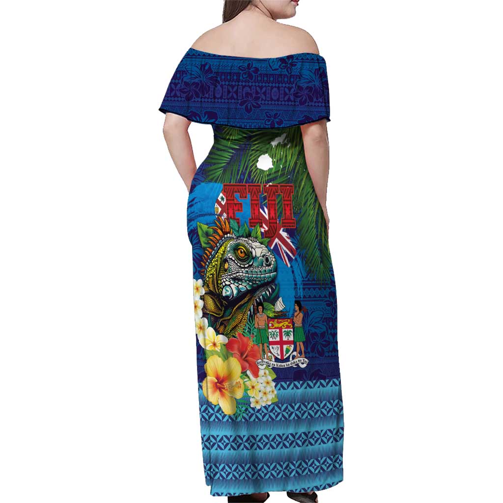 Fiji Iguana-Coat of Arms Family Matching Off Shoulder Maxi Dress and Hawaiian Shirt with Hibiscus and Plumeria Palm Tree Tapa Art