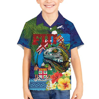 Fiji Iguana-Coat of Arms Family Matching Off Shoulder Short Dress and Hawaiian Shirt with Hibiscus and Plumeria Palm Tree Tapa Art