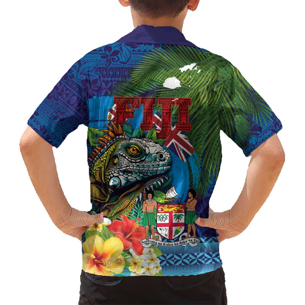 Fiji Iguana-Coat of Arms Family Matching Puletasi and Hawaiian Shirt with Hibiscus and Plumeria Palm Tree Tapa Art