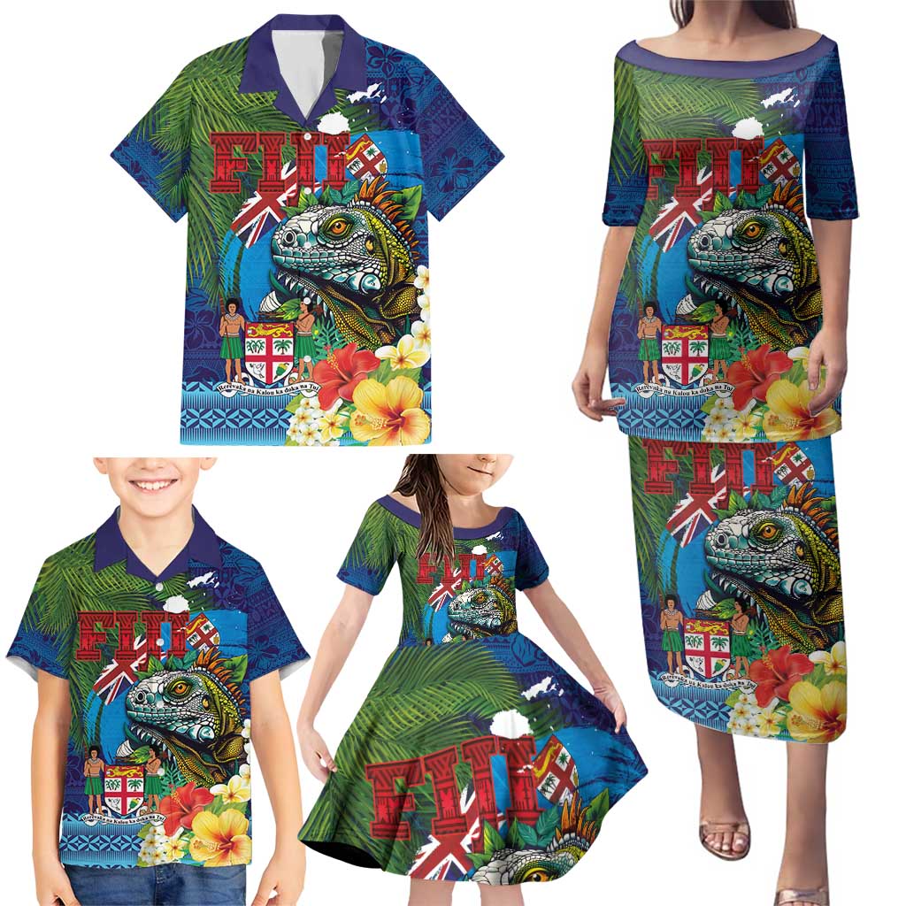 Fiji Iguana-Coat of Arms Family Matching Puletasi and Hawaiian Shirt with Hibiscus and Plumeria Palm Tree Tapa Art