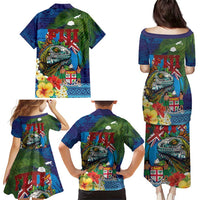 Fiji Iguana-Coat of Arms Family Matching Puletasi and Hawaiian Shirt with Hibiscus and Plumeria Palm Tree Tapa Art