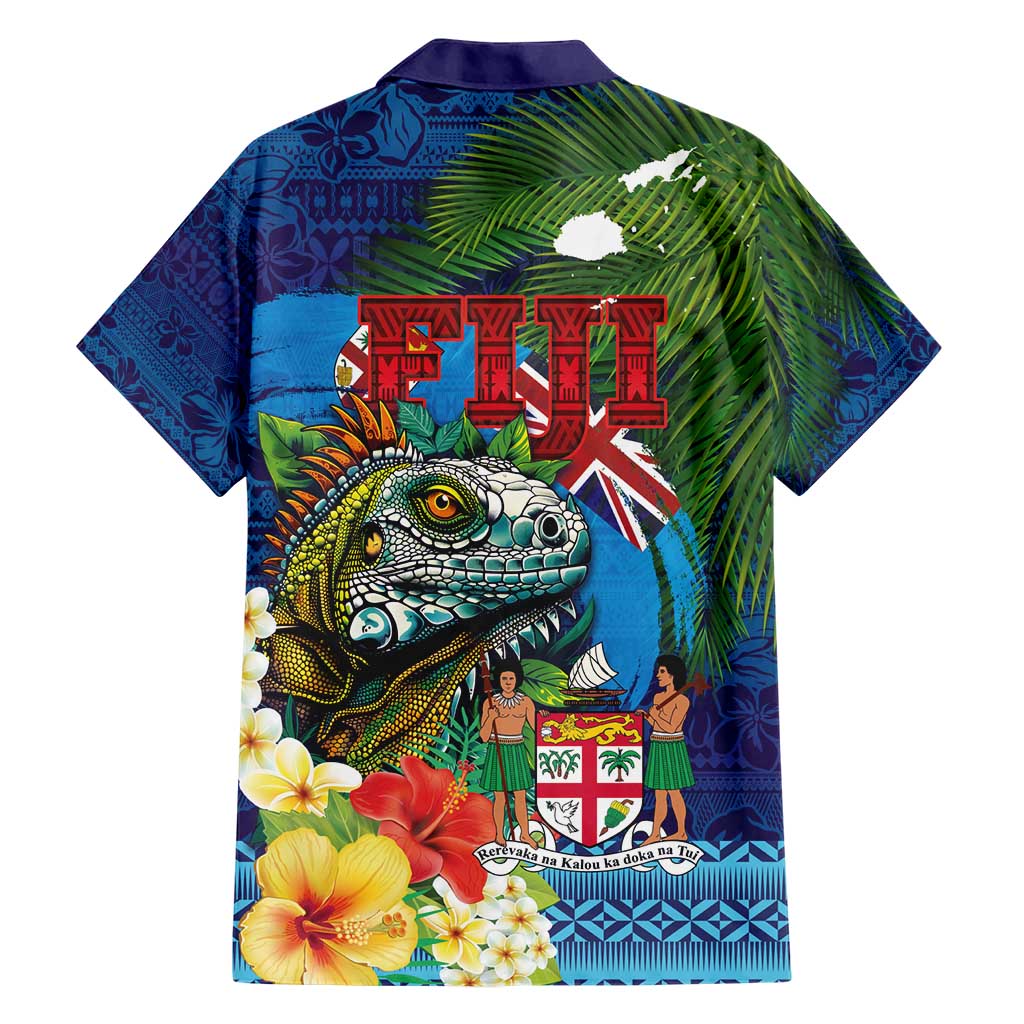 Fiji Iguana-Coat of Arms Family Matching Short Sleeve Bodycon Dress and Hawaiian Shirt with Hibiscus and Plumeria Palm Tree Tapa Art
