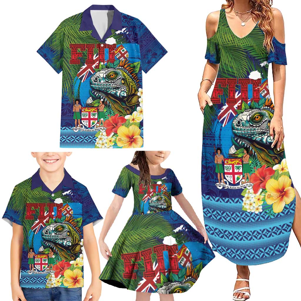 Fiji Iguana-Coat of Arms Family Matching Summer Maxi Dress and Hawaiian Shirt with Hibiscus and Plumeria Palm Tree Tapa Art