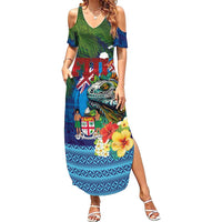 Fiji Iguana-Coat of Arms Family Matching Summer Maxi Dress and Hawaiian Shirt with Hibiscus and Plumeria Palm Tree Tapa Art