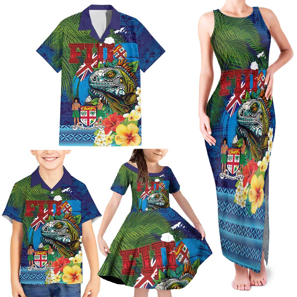 Fiji Iguana-Coat of Arms Family Matching Tank Maxi Dress and Hawaiian Shirt with Hibiscus and Plumeria Palm Tree Tapa Art
