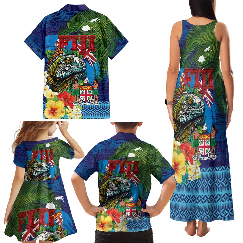 Fiji Iguana-Coat of Arms Family Matching Tank Maxi Dress and Hawaiian Shirt with Hibiscus and Plumeria Palm Tree Tapa Art