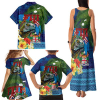 Fiji Iguana-Coat of Arms Family Matching Tank Maxi Dress and Hawaiian Shirt with Hibiscus and Plumeria Palm Tree Tapa Art